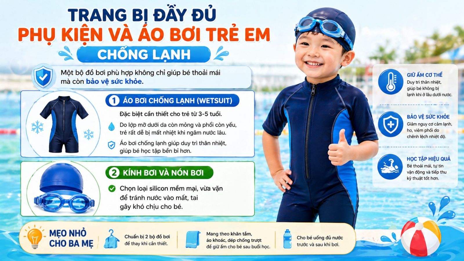 Chuẩn bị trang phục cho trẻ trước khi tham gia học bơi sinh tồn