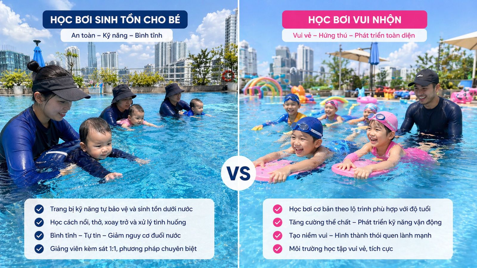 So sánh học bơi sinh tồn với học bơi thường