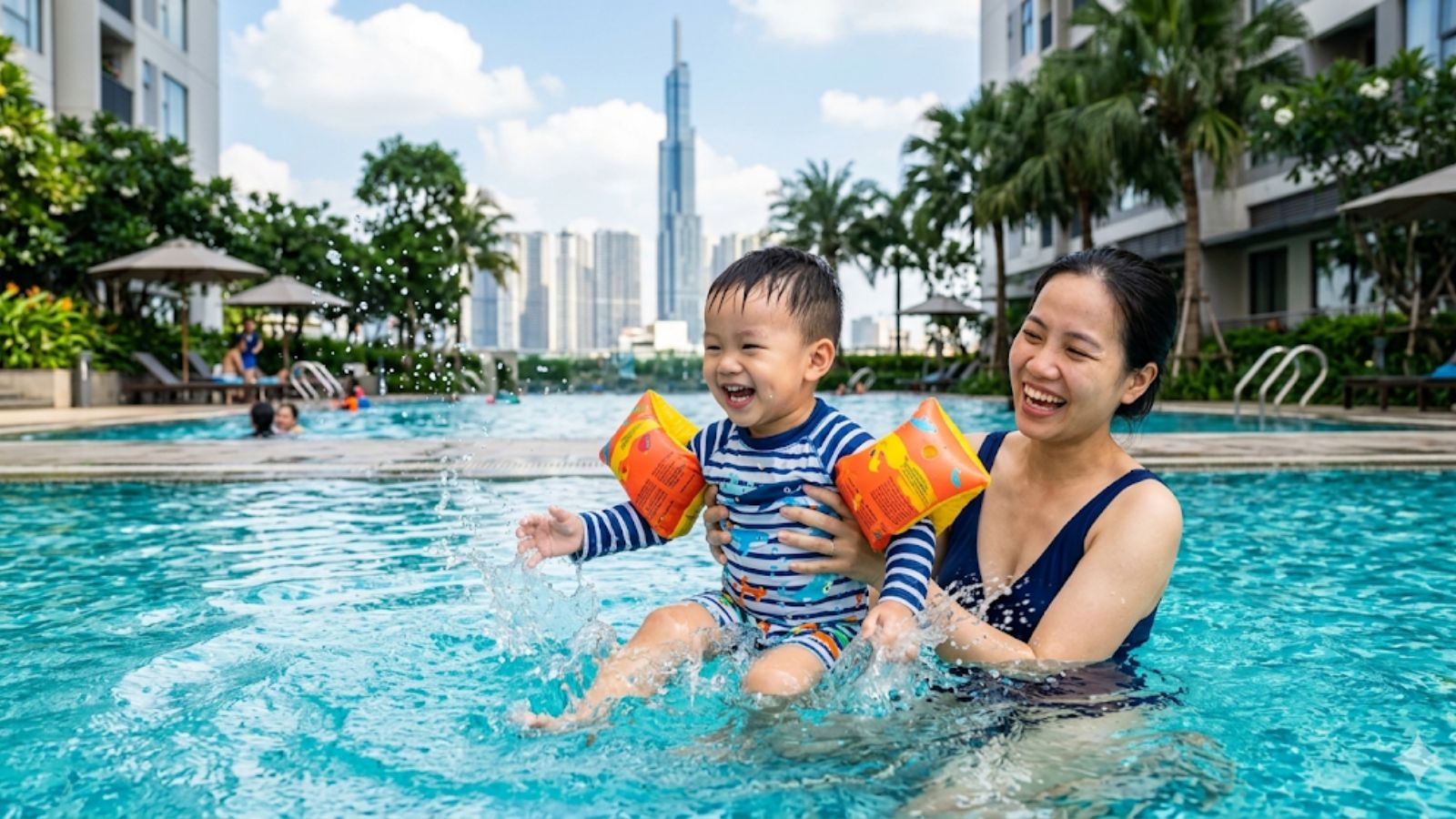 Trẻ em 2 tuổi học bơi vui vẻ tại hồ bơi ngoài trời